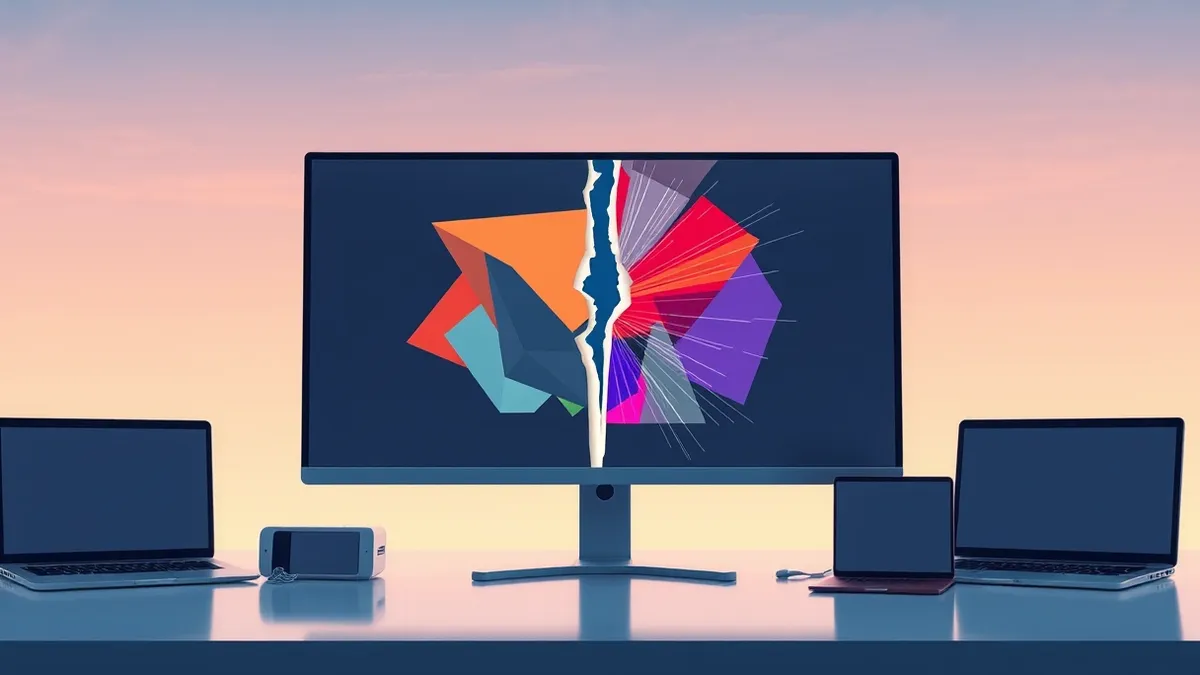 Illustration: An open presentation software window displays a complex slide with overlapping geometric shapes and vibrant colors.