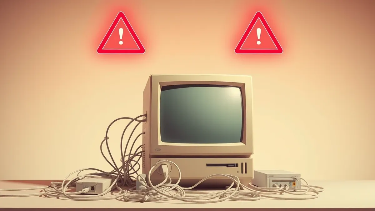 Illustration: A tangle of white ethernet cables connects to a beige desktop computer tower on a cluttered desk.