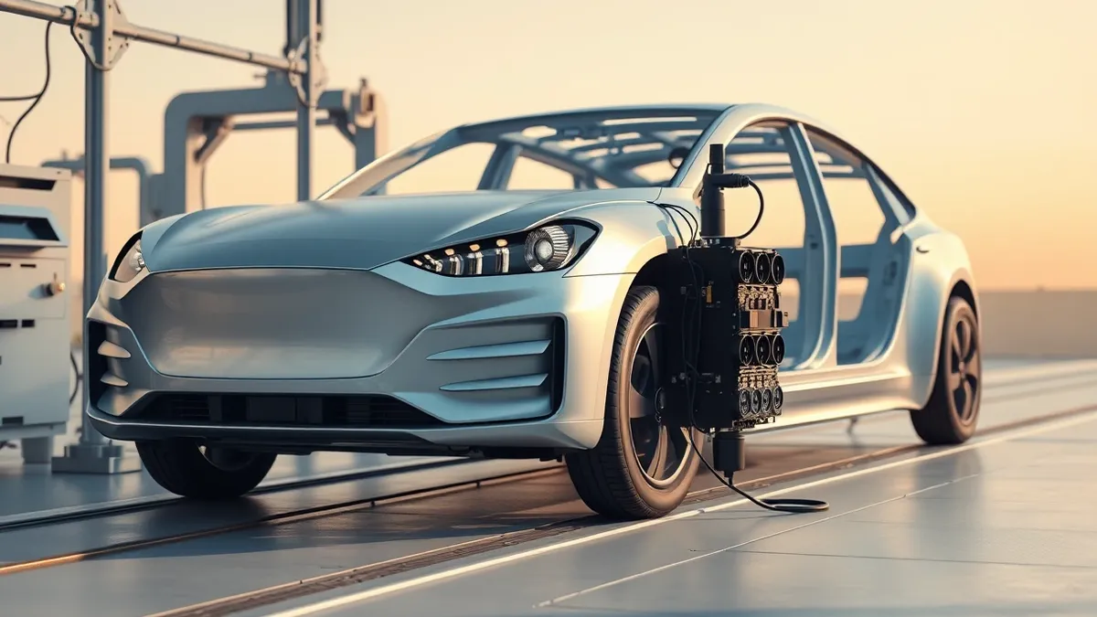 Illustration: A silver electric car chassis sits on an assembly line, its front grille empty and smooth.