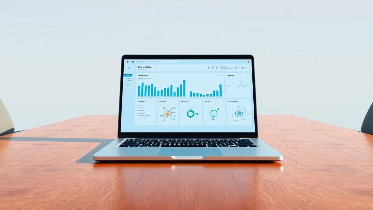 Illustration: A sleek silver laptop sits on a polished wooden conference table.