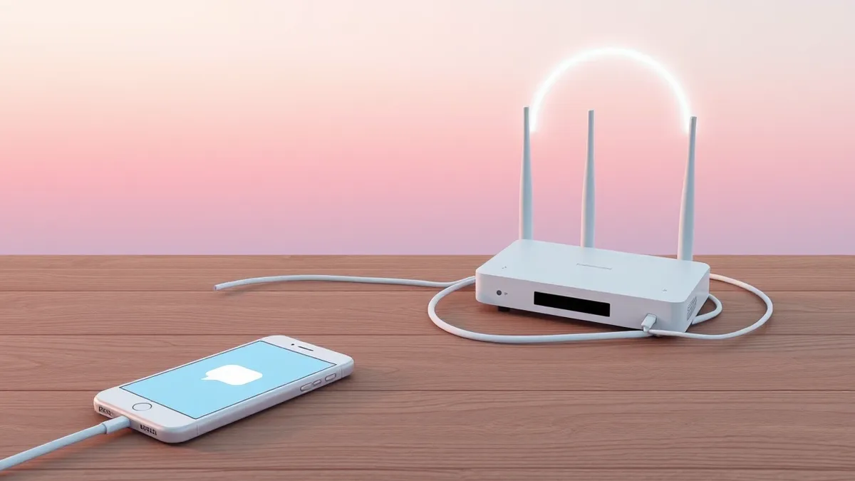 Illustration: A white smartphone rests on a wooden table beside a stylized network cable that loops toward a blank router.
