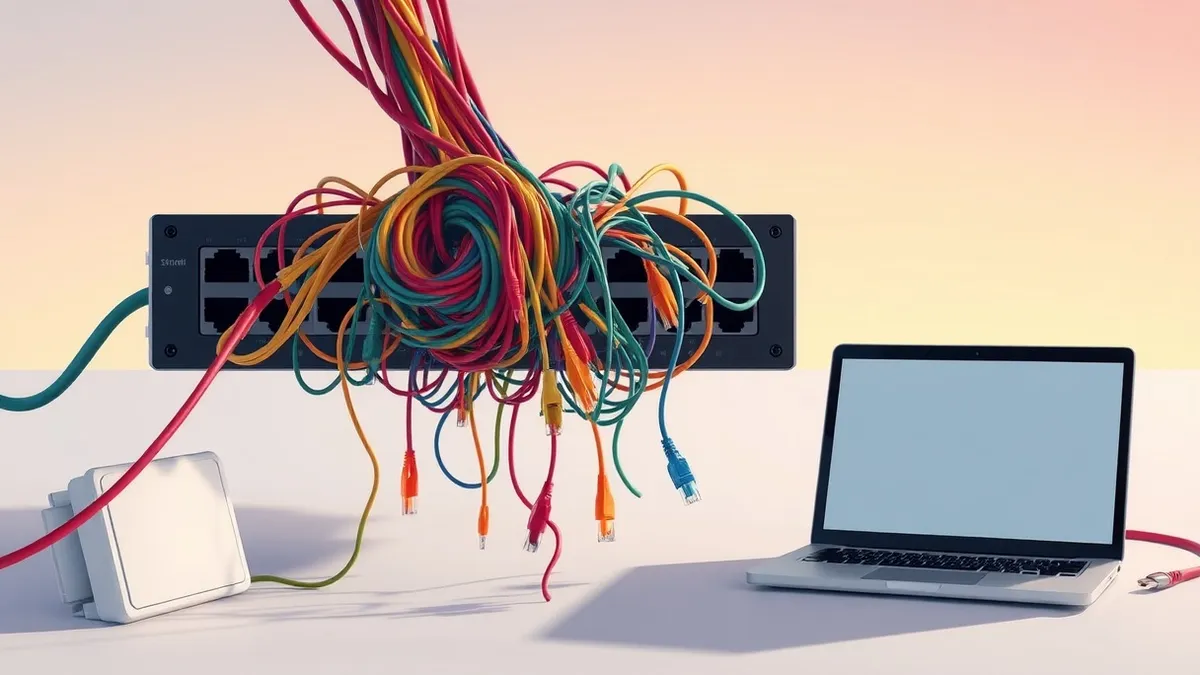 Illustration: A tangled knot of colorful ethernet cables spills from a network switch, with loose ends dangling into the void.