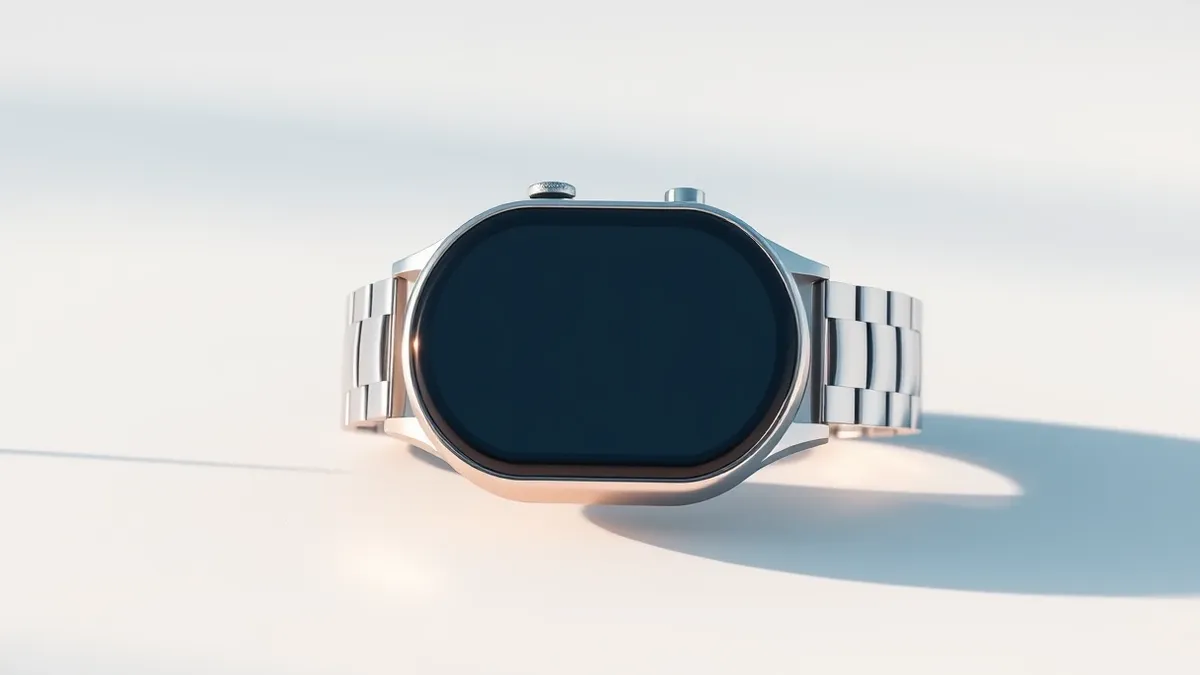 Illustration: An oval smartwatch rests on a smooth white surface.
