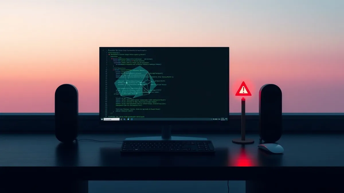 Illustration: A glowing terminal window sits open on a dark wooden desk, displaying abstract geometric shapes that represent code execution.