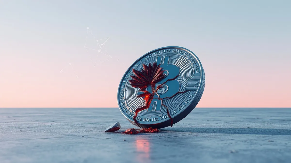 Illustration: A cracked digital coin rests on a cold metal surface, its interior exposing tangled, frayed circuitry that leaks faint red sparks.