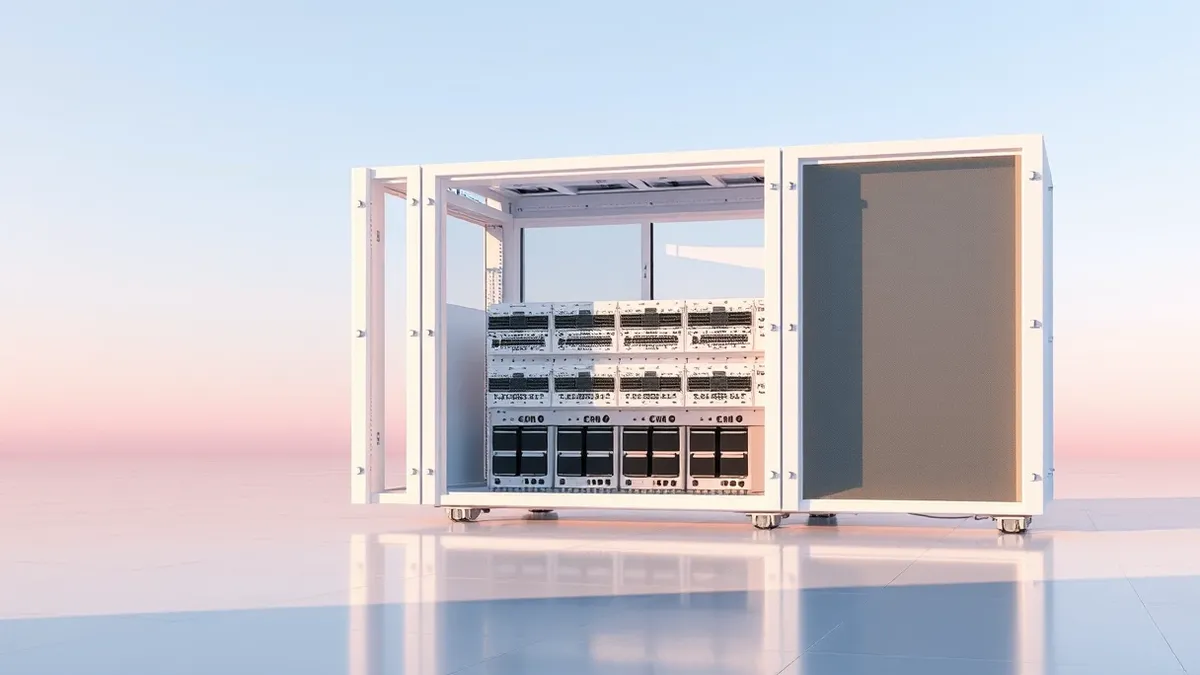 Illustration: A sleek white server rack with open bays sits on a polished floor.