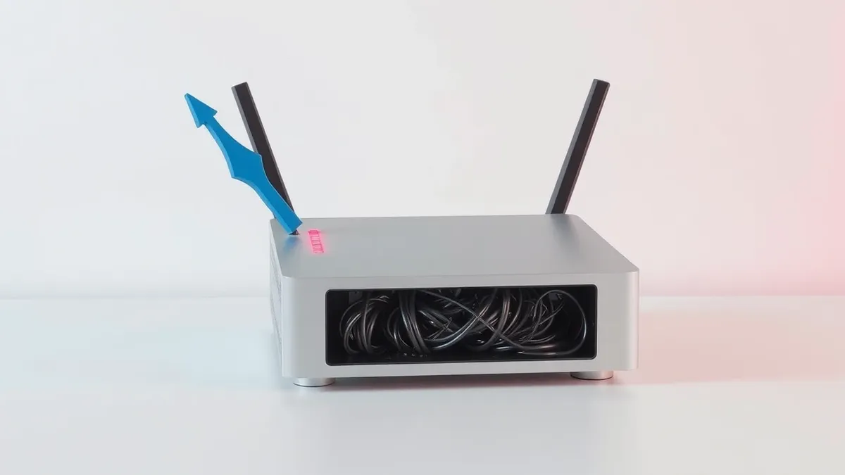 Illustration: A sleek silver router with a single red warning light sits on a clean white desk.