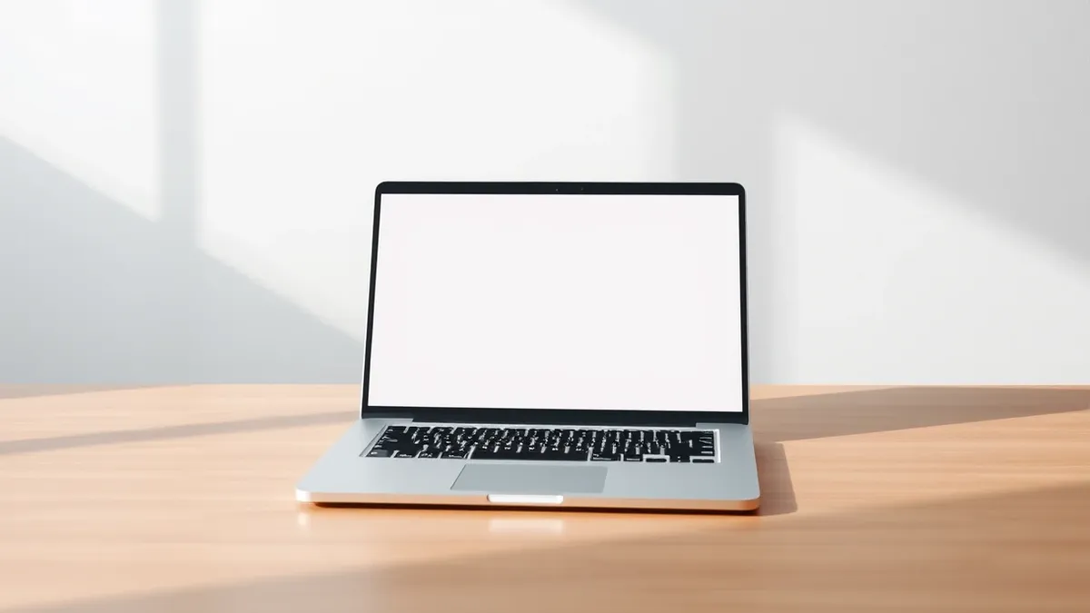 Illustration: A sleek silver laptop rests open on a smooth wooden table, its blank screen reflecting soft overhead light.