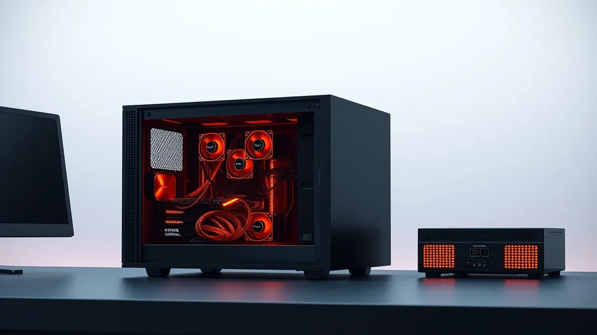 Illustration: A sleek black media server box sits on a dark desk, its ventilation grilles glowing with intense orange heat.