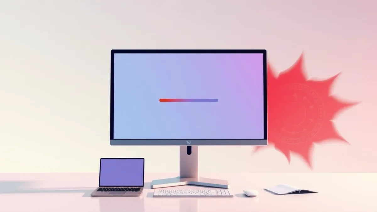 Illustration: A sleek computer monitor displays a clean software download progress bar, while a faint, distorted red shadow looms behind the screen, suggesting hidden malicious cod