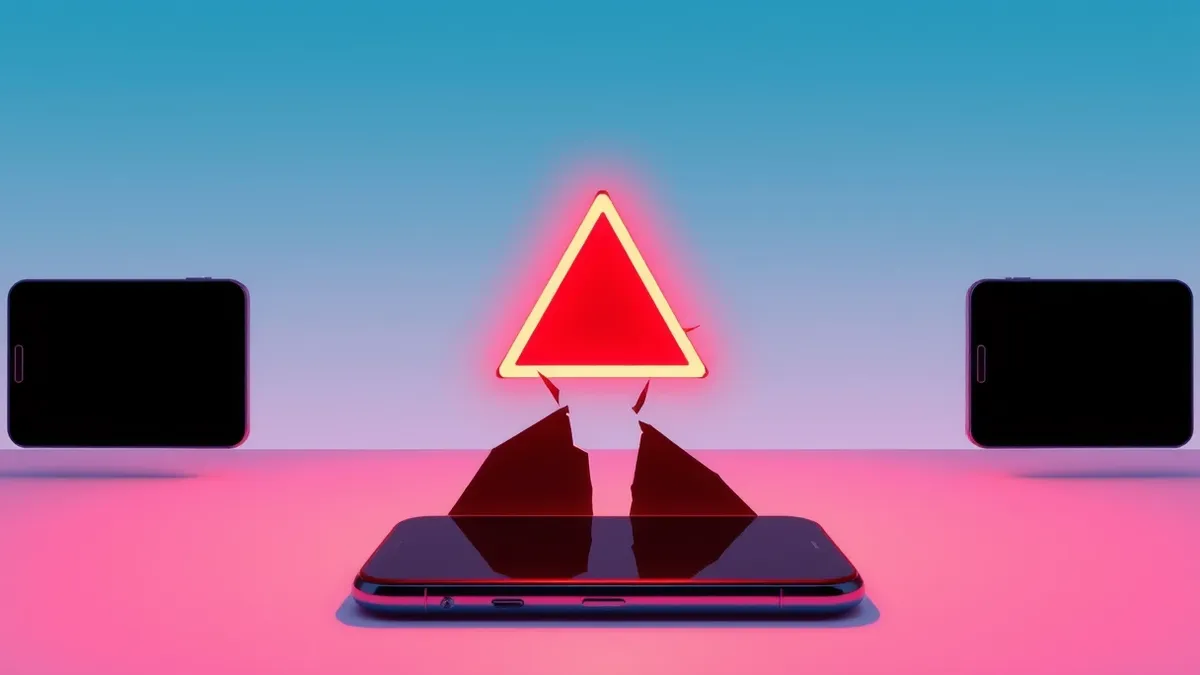 Illustration: A glowing red warning triangle hovers over a blank smartphone screen displaying abstract suggestion chips.