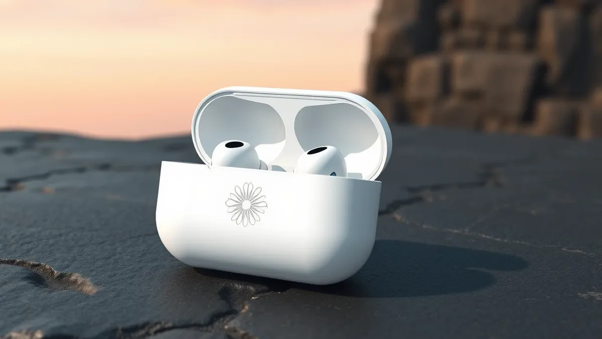 Illustration: A white wireless earbud case rests on a dark stone surface, featuring delicate geometric patterns etched into its smooth lid.