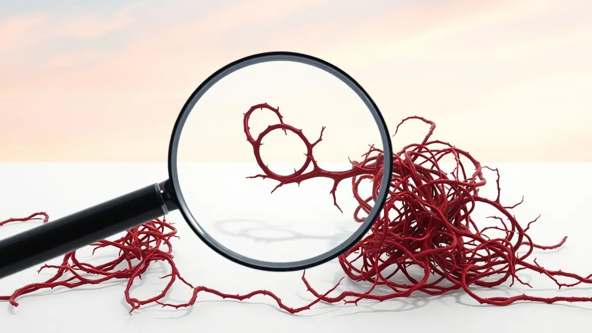 Illustration: A magnifying glass hovers over a tangled knot of red thorny vines, separating one specific sprout from the rest.