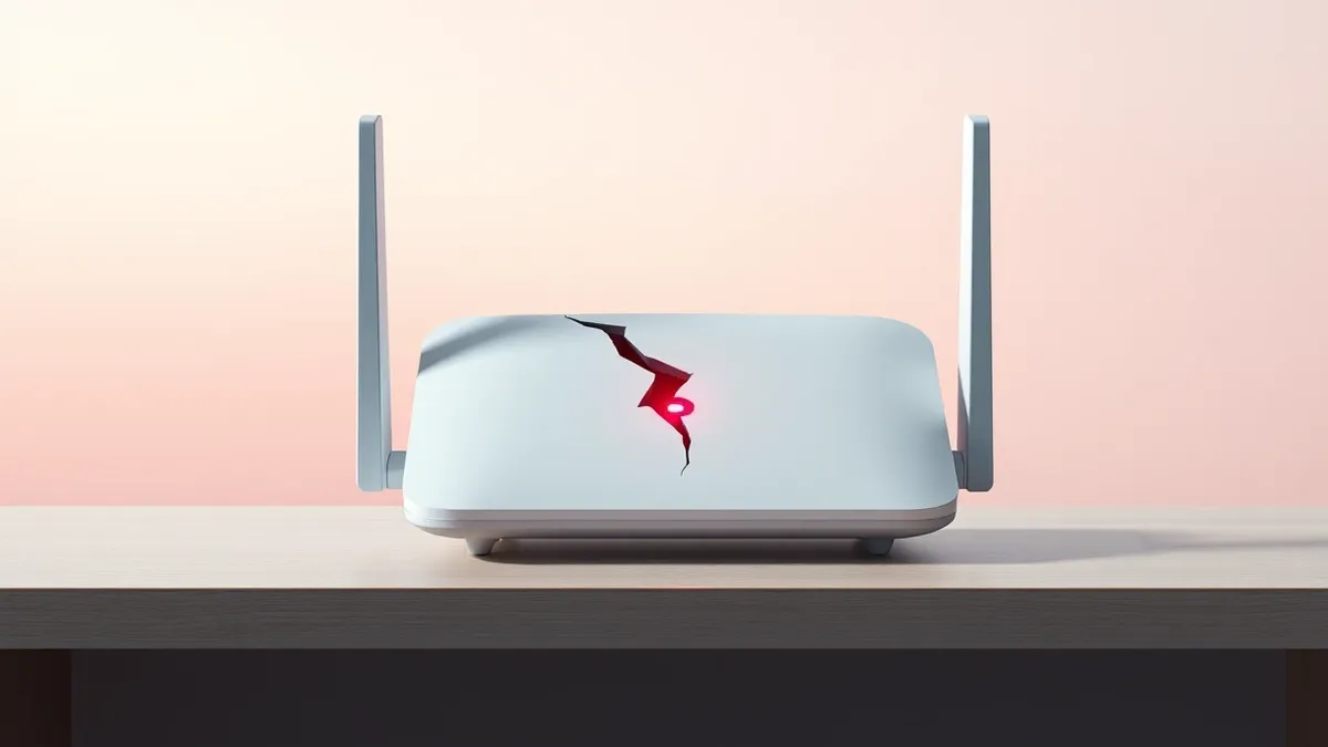 Illustration: A sleek, white router sits on a plain wooden desk, its single LED light glowing a harsh, urgent red.