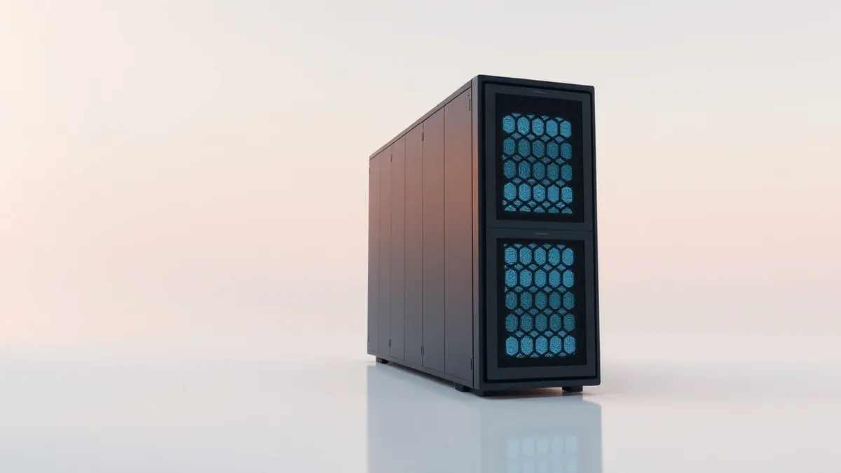 Illustration: A sleek black server rack stands alone in a sterile white room, its front panel glowing with subtle blue light patterns.