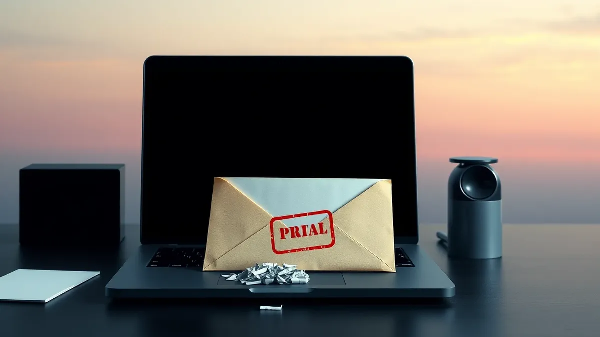 Illustration: A dark office desk holds a laptop displaying a blank email interface.
