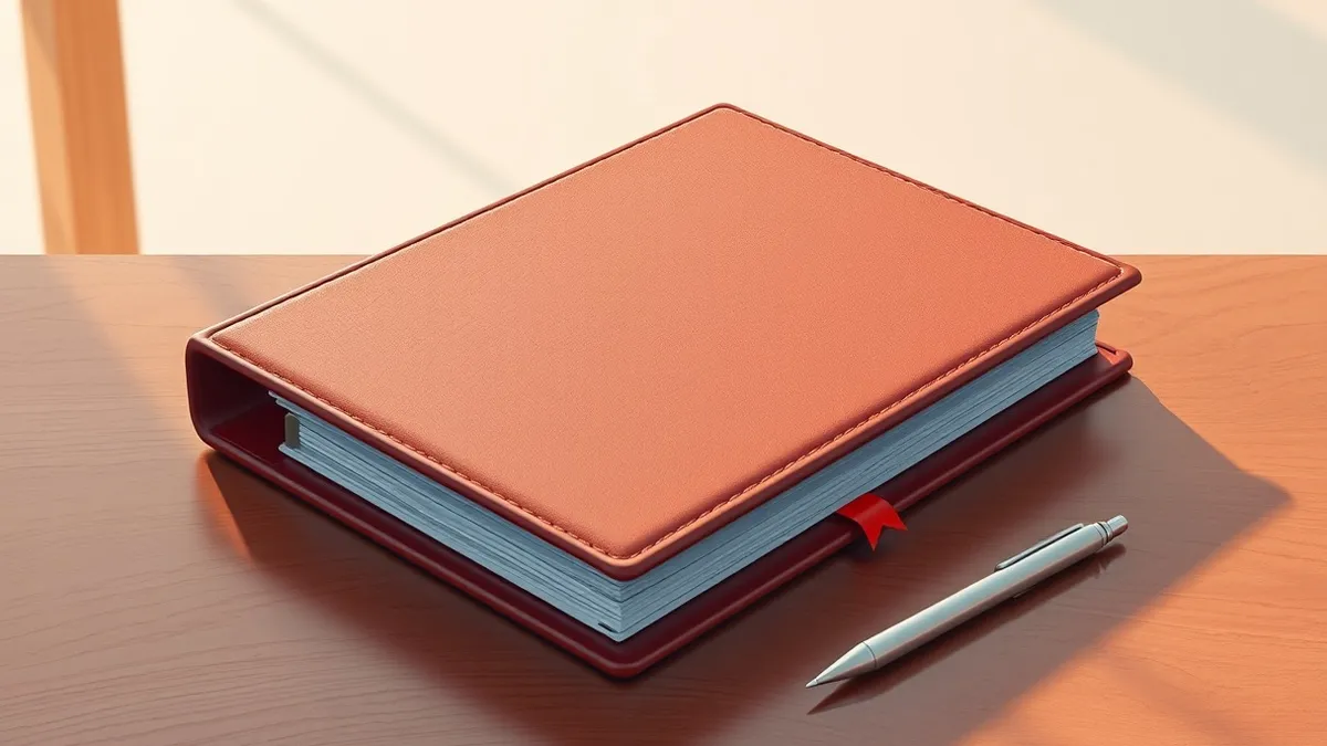 Illustration: A thick leather binder rests on a polished wooden desk next to a silver pen.
