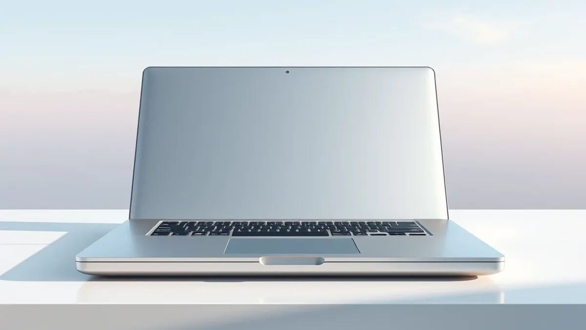 Illustration: A sleek silver laptop rests open on a minimalist white desk.