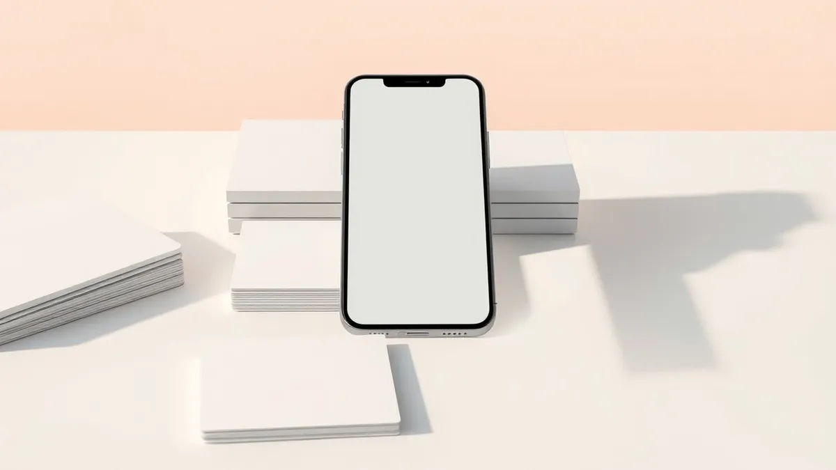 Illustration: A sleek smartphone rests on a clean desk beside a stack of blank white cards.