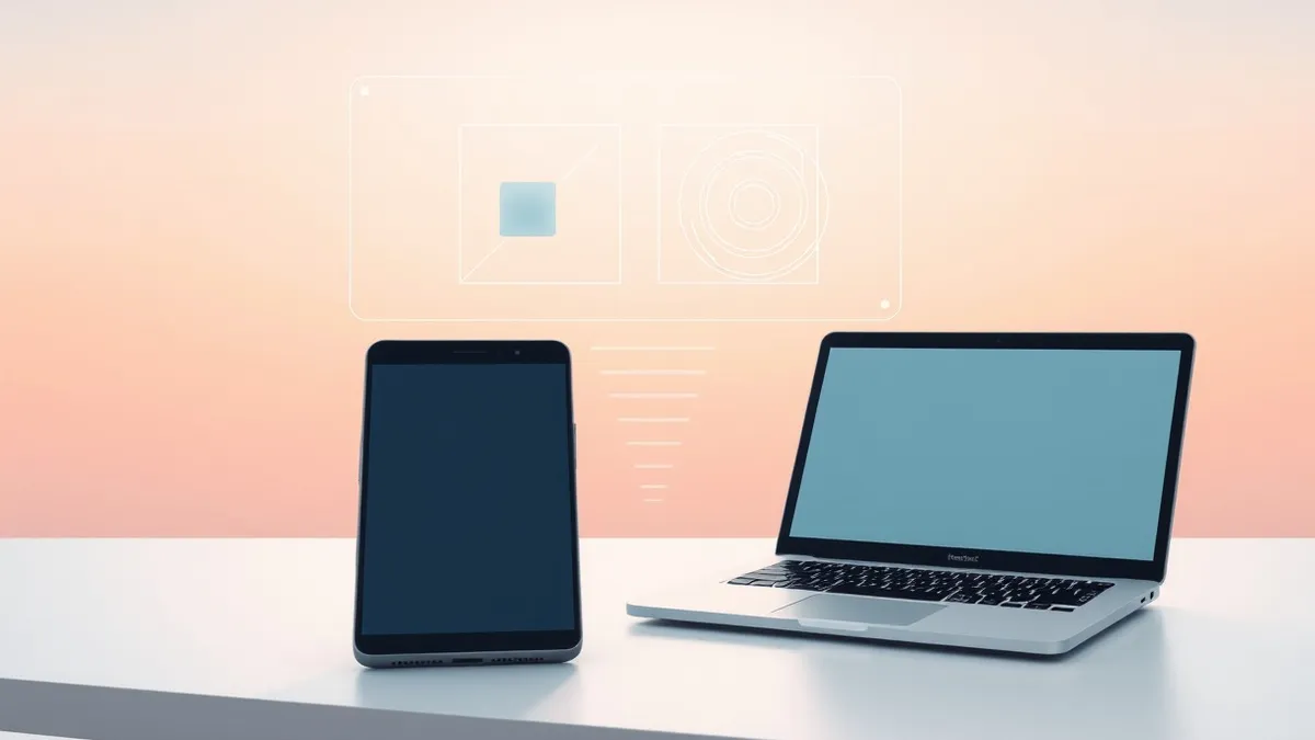 Illustration: A sleek black smartphone and a silver laptop sit on a white desk, their screens blank.