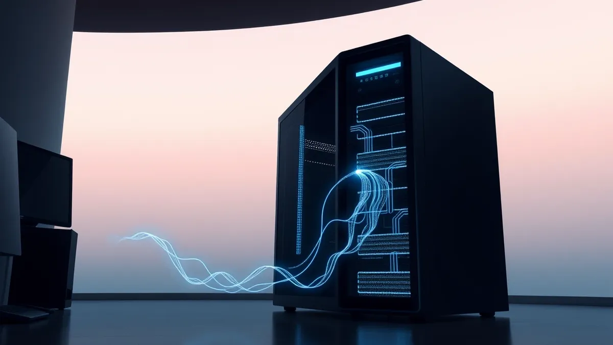 Illustration: A sleek black server tower sits in a dimly lit room.