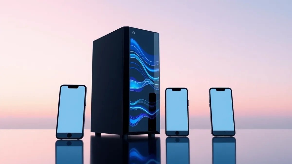 Illustration: A sleek black server tower sits on a polished desk, its front panel glowing with soft blue abstract waves.
