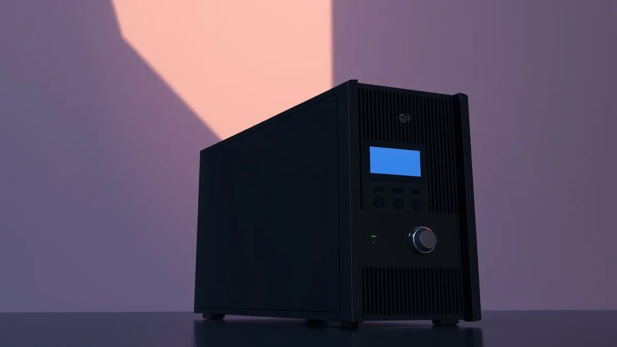 Illustration: A sleek black rack-mounted server sits in a dimly lit room.