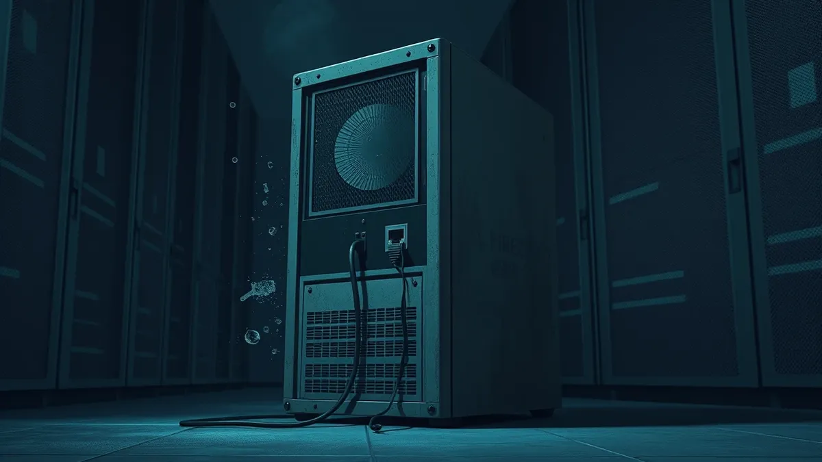 Illustration: A weathered server tower sits isolated in a dim server room.