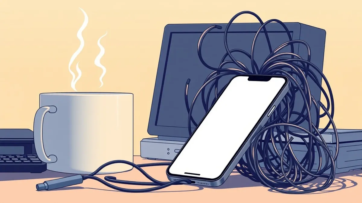 Illustration: A smartphone rests on a cluttered desk beside a steaming coffee mug.
