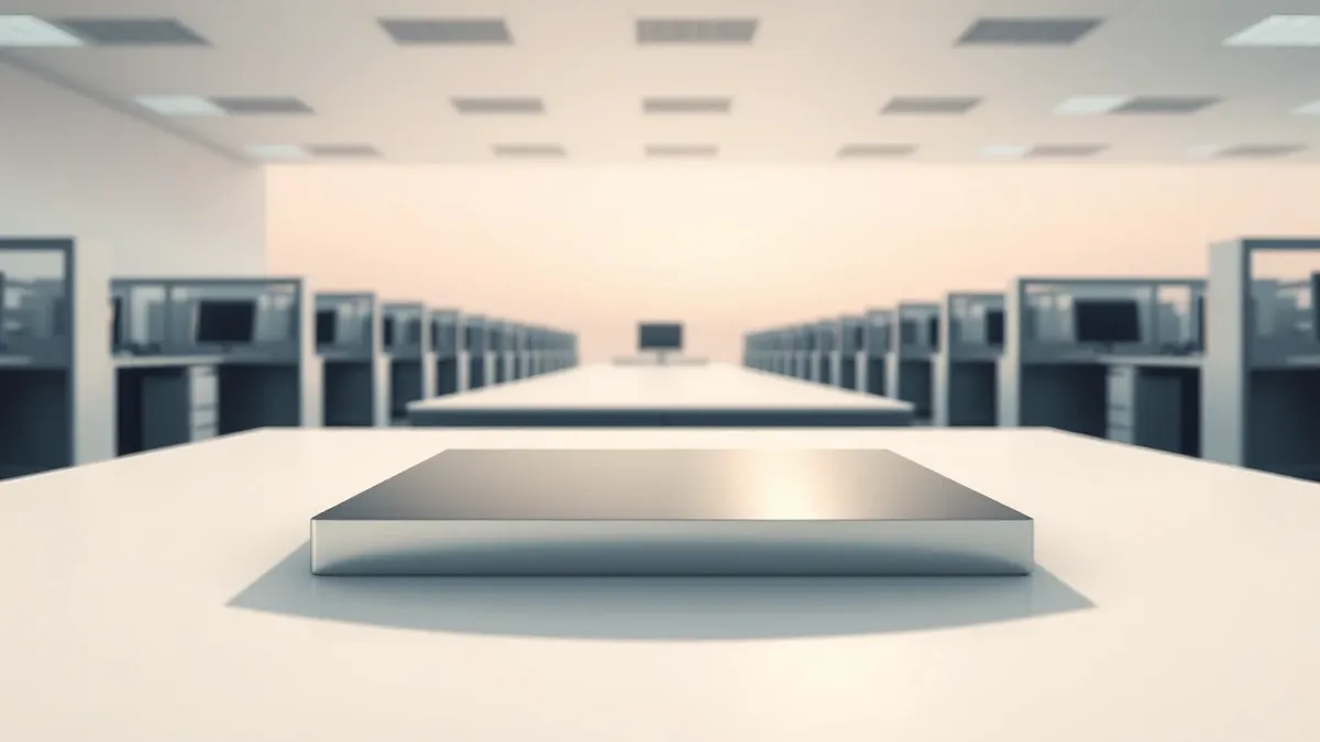 Illustration: A polished silicon wafer sits on a sterile white laboratory table.