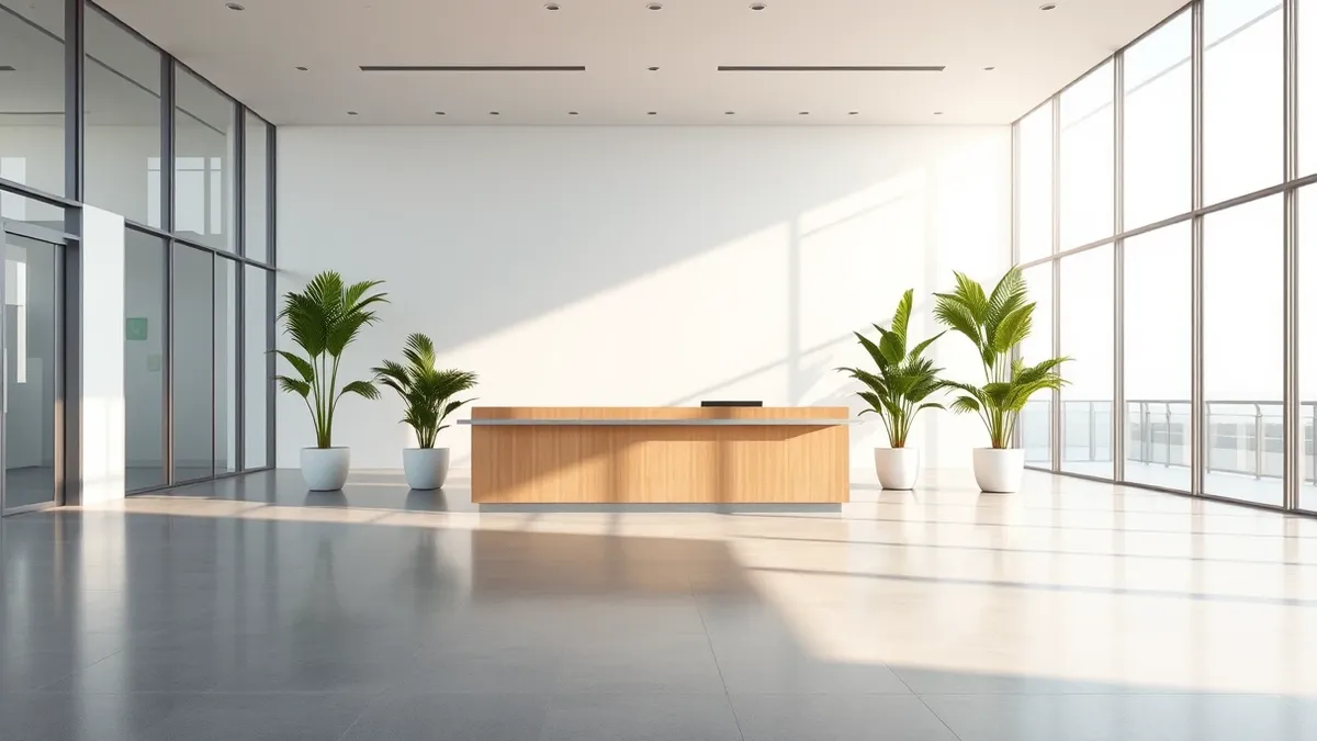 Illustration: A sleek, modern office lobby with polished concrete floors and glass walls.