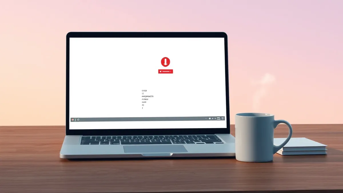 Illustration: A sleek laptop sits on a wooden desk beside a steaming coffee mug.