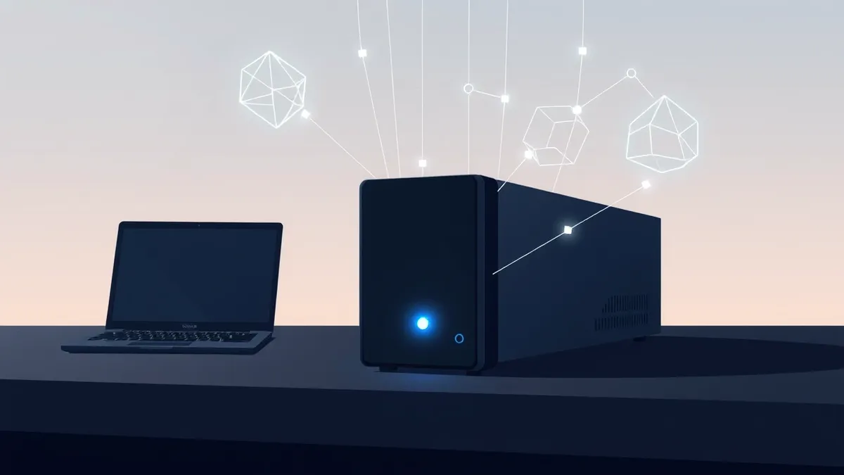 Illustration: A sleek black server blade sits on a dark desk, its single blue LED pulsing softly.