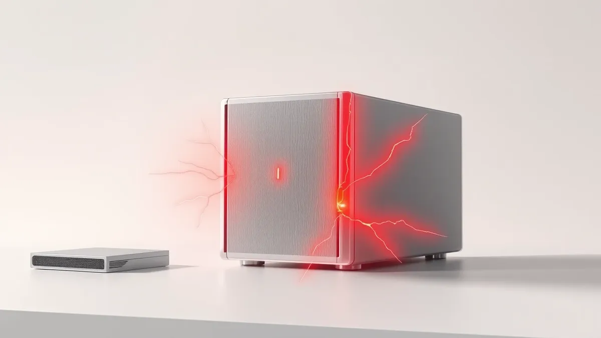 Illustration: A sleek silver server unit sits isolated on a clean white desk, its front panel glowing with a single intense red warning light.