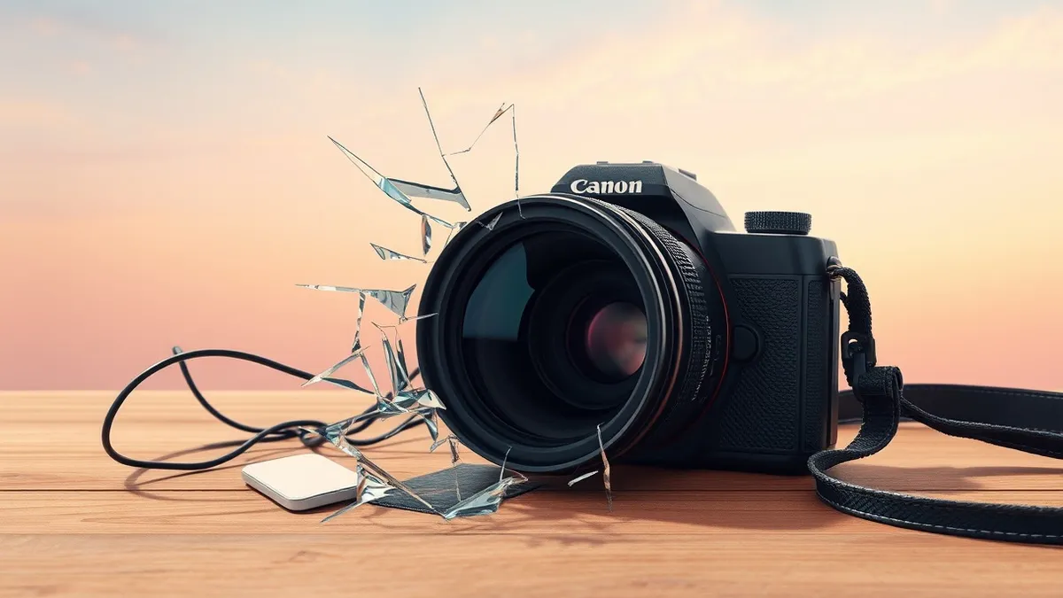 Illustration: A broken camera lens lies on a wooden desk, its glass cracked and jagged.