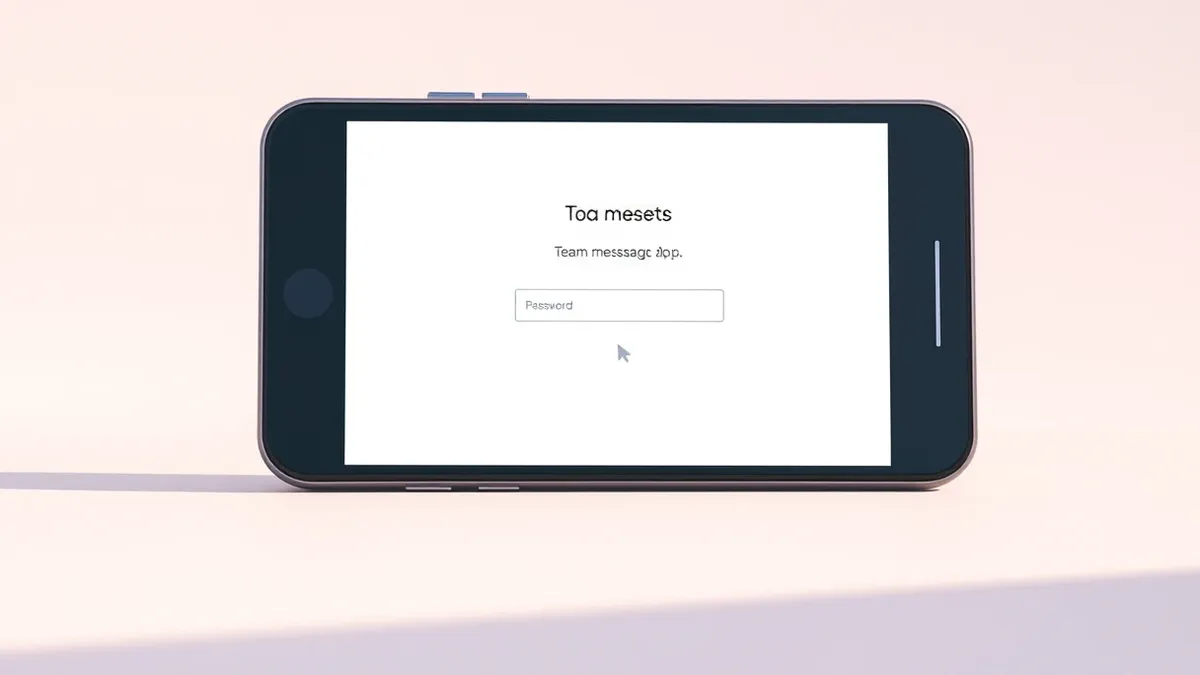 Illustration: A sleek smartphone rests on a desk, its screen displaying a login page that looks identical to a popular team messaging app.