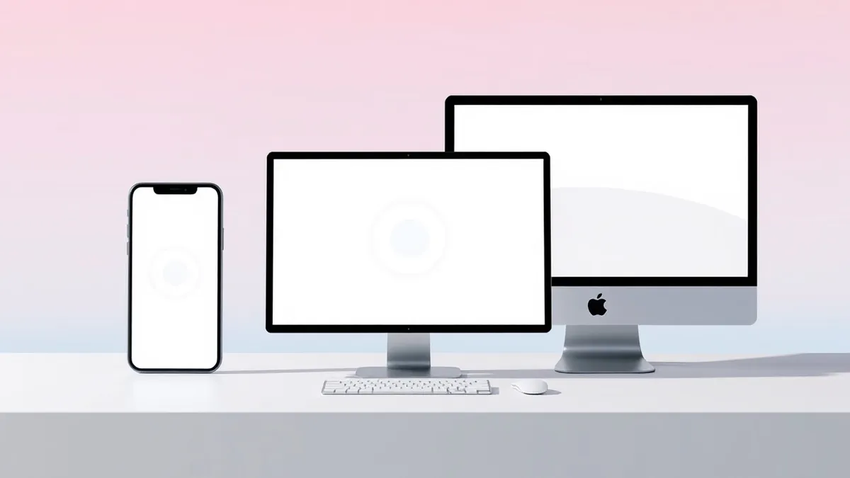 Illustration: A sleek smartphone, a tablet, and a desktop computer sit side by side on a clean white surface.