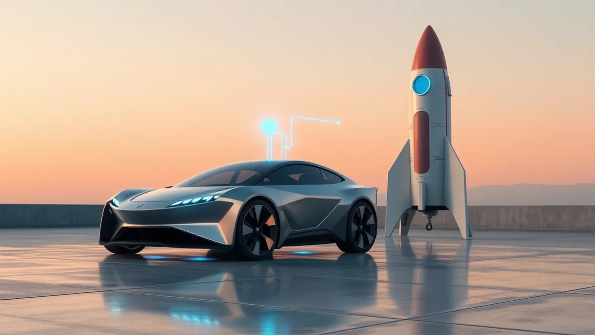 Illustration: A sleek electric car and a tall rocket ship sit side by side on a polished concrete floor, their metallic surfaces reflecting soft overhead lights, with glowing blue 