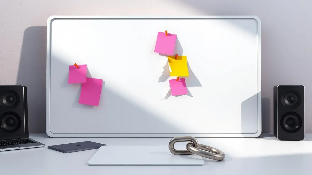Illustration: A white magnetic board with colorful sticky notes sits on a desk.
