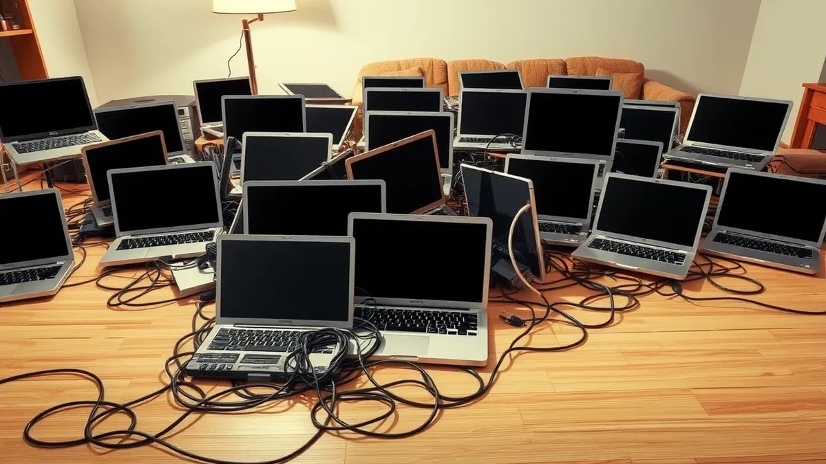 Illustration: A chaotic pile of identical open laptops sits on a plain wooden floor in a suburban living room, tangled together by thick black power cords.