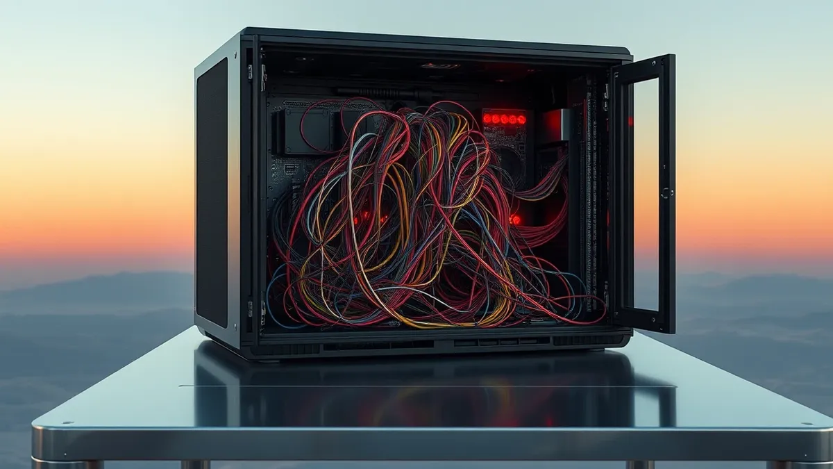 Illustration: A sleek, black server box sits open on a metallic table, revealing a tangled mass of colorful wires spilling from its core.