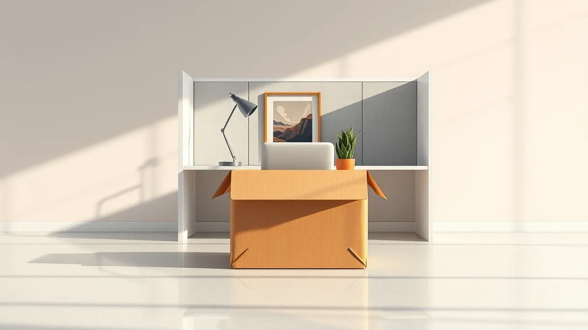 Illustration: A single cardboard box sits on a polished office floor, filled with a desk lamp, a framed abstract photo, and a potted succulent.