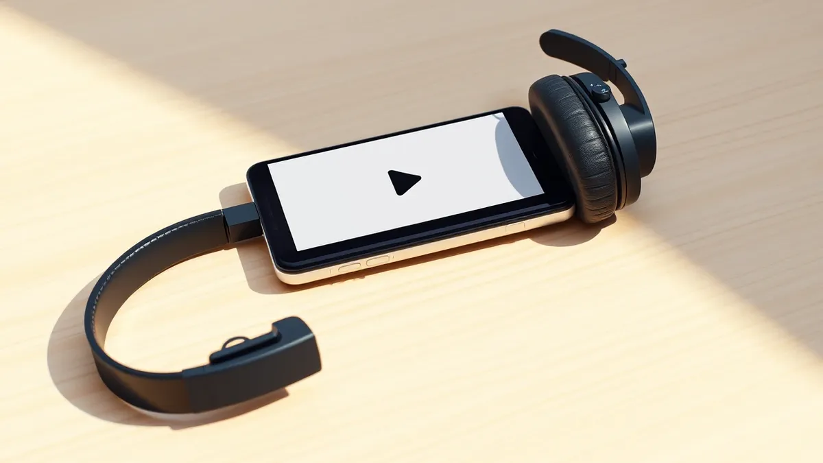 Illustration: A smartphone rests on a wooden table, its screen displaying a blank video player interface with a large play button.