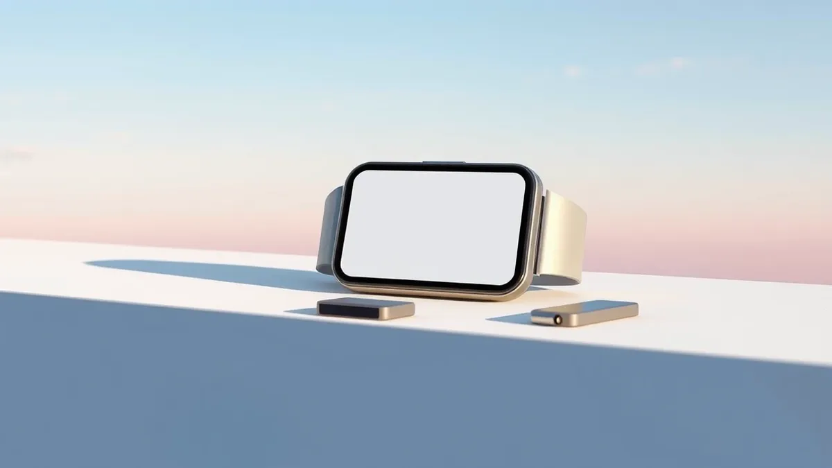 Illustration: A sleek fitness tracker rests on a smooth white surface, featuring a large blank display and a distinct hinge mechanism at the side.