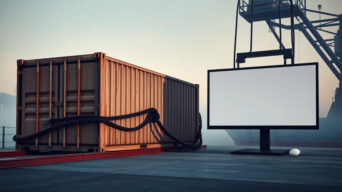 Illustration: A weathered shipping container sits on a steel dock next to a blank monitor displaying abstract digital chains.