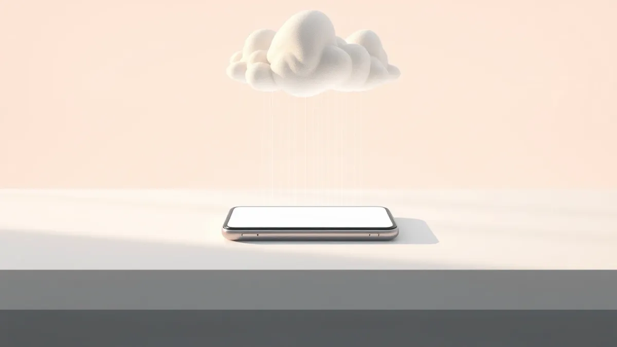 Illustration: A sleek smartphone rests on a white desk with its screen glowing softly.
