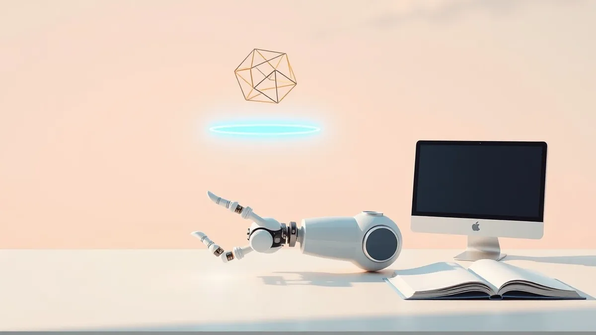 Illustration: A sleek, white geometric robot arm rests on a minimalist desk, its joints poised in mid-air.