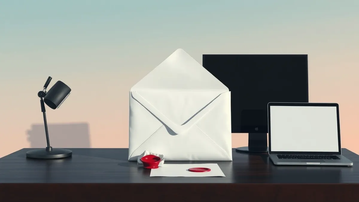Illustration: A blank white envelope rests on a dark wooden desk, slightly open to reveal crumpled paper inside.