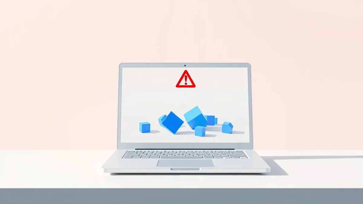 Illustration: A sleek white laptop sits on a clean desk, its screen displaying a single red warning icon hovering over a cluster of abstract blue geometric shapes.