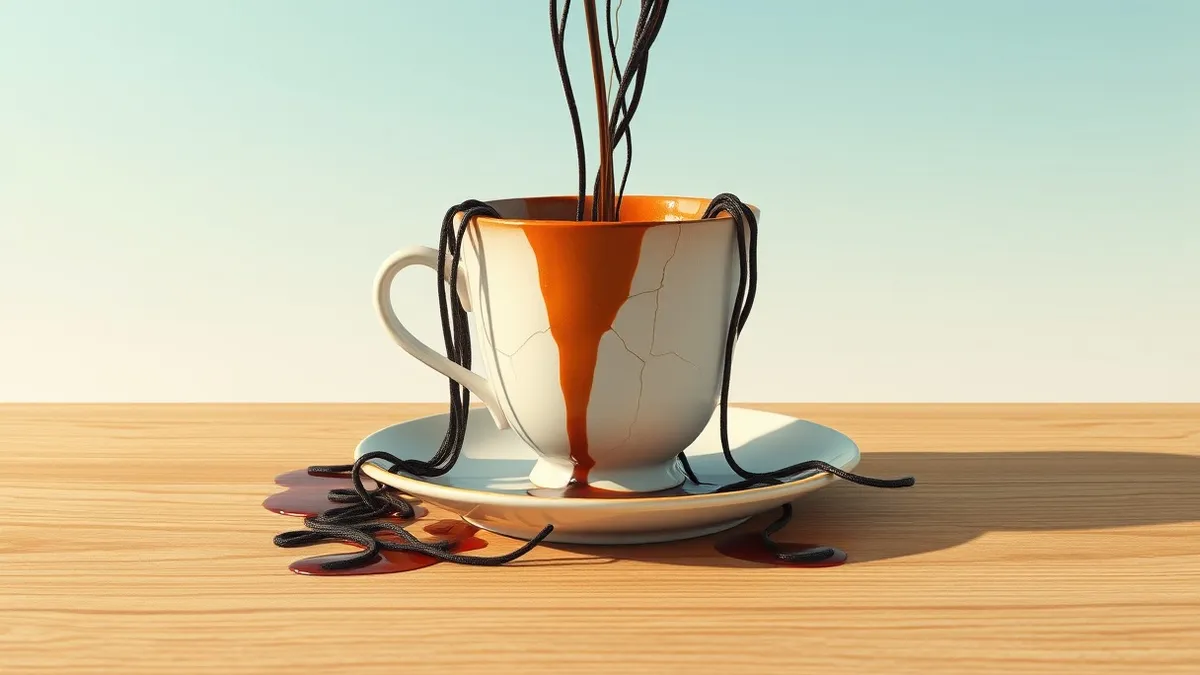 Illustration: A cracked ceramic teacup rests on a stained saucer.